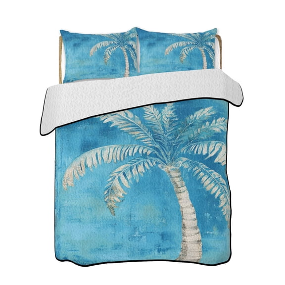 Royal Blue Palm Tree Quilts Bedding Set King Size Summer Tropical Plant Botanical Abstract Lightweight Quilted Bedspread 3 Piece Bed Quilt with 2 Pillow Shams All Season for Bedroom 90" x 96"