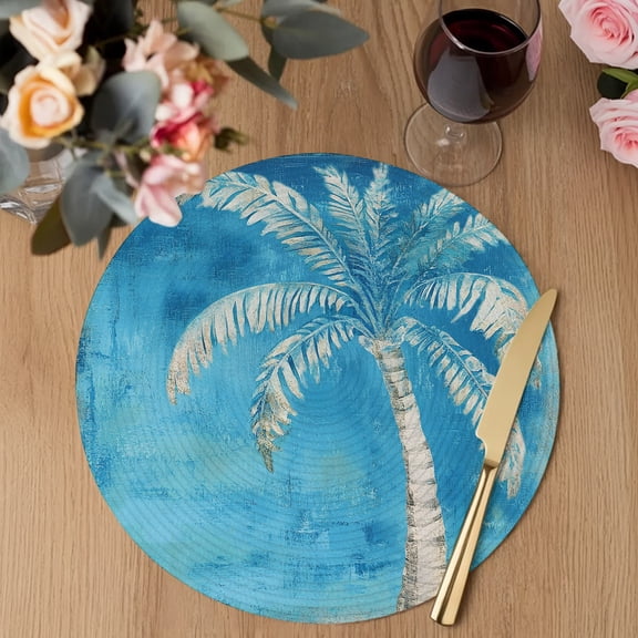 Royal Blue Palm Tree Round Braided Placemats Set of 2, Summer Tropical Plant Botanical Abstract Heat Insulation Place Mats Washable Non-Slip Table Mats for Kitchen Dining Party, 13 Inches