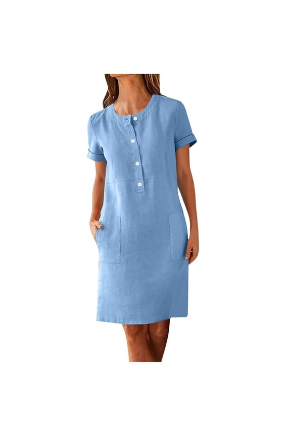 Royal Blue Plain Dresses for Ladies Fall Summer Short Sleeve Crew Neck Faux Gauze Linen Midi Knee Length Dresses Womens Button 2025 Clothing Fashion Y2K L