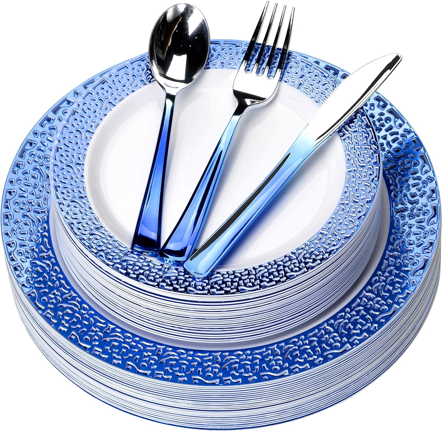 Royal Blue Plastic Plates and Blue Silver Silverware 125 Pcs