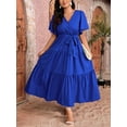thumbnail image 1 of Royal Blue Plus Size V-Neck Wrap Maxi Dress With Tiered Ruffle Hem And Self-Tie Waist Belt, Short Sleeve, 1 of 6