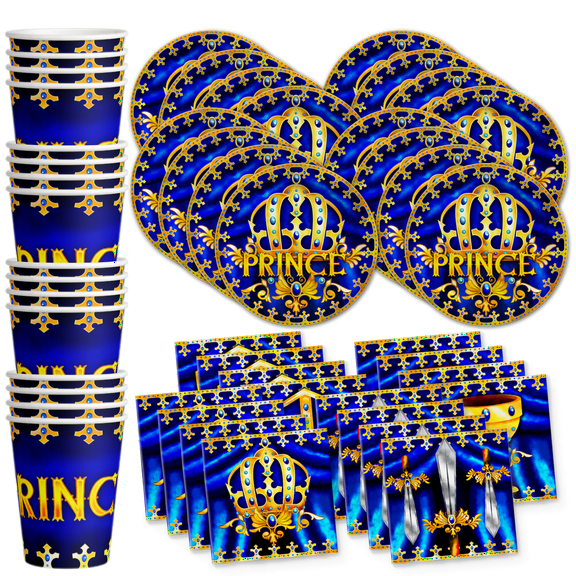 Royal Blue Prince Birthday Party Baby Shower Supplies Set Plates Napkins Cups Tableware Kit for 16
