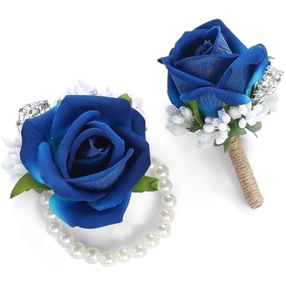 Royal Blue Rose Wrist Corsage Wristlet Band Bracelet and Men Boutonniere Set for Wedding Flower Accessories Prom Suit Decorations