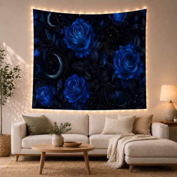 Royal Blue Roses Among Crescent Moons and Stars, Mystical Fantasy for Flower Lovers, Celestial Garden Decor, Valentine'S Day Gift, Tapestry Wall Hanging for Bedroom and Studio