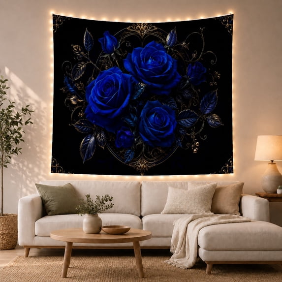 Royal Blue Roses Within Gold Filigree and Bronze Scrollwork, Moody Gothic for Dark Art Lovers, Ornate Floral Art, Anniversary Gift, Tapestry Wall Hanging for Bedroom and Den