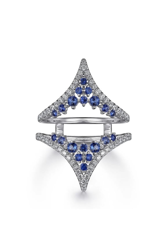 Royal Blue Sapphire Chevron Crown Ring Guard Enhancer in 925 Sterling Silver – Double Band Ring Jacket with White CZ – September Birthstone Jewelry for Women