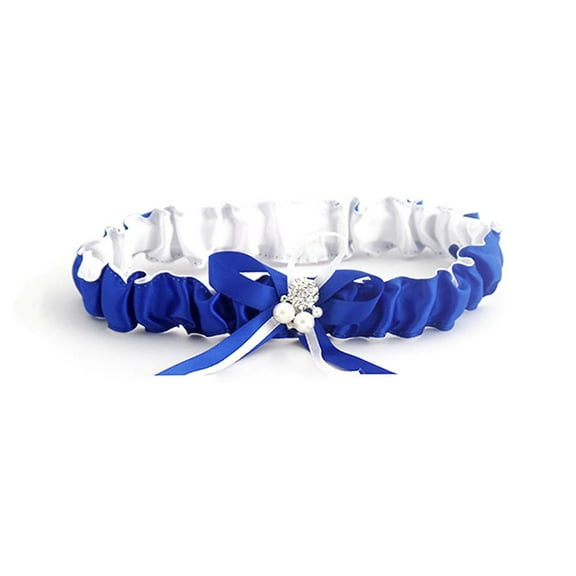 Royal Blue Satin Bride Wedding Garter with Pearl and Ribbon