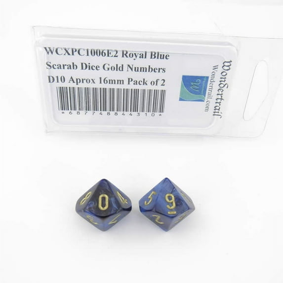 Royal Blue Scarab Dice with Gold Numbers D10 Aprox 16mm (5/8in) Pack of 2 Wondertrail