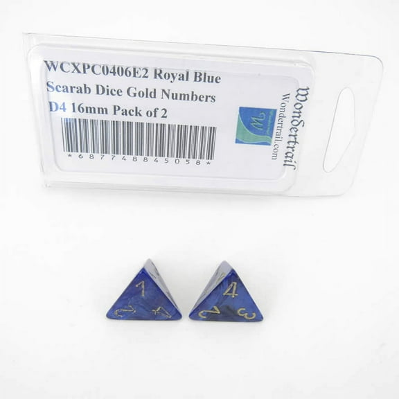 Royal Blue Scarab Dice with Gold Numbers D4 Aprox 16mm (5/8in) Pack of 2 Wondertrail