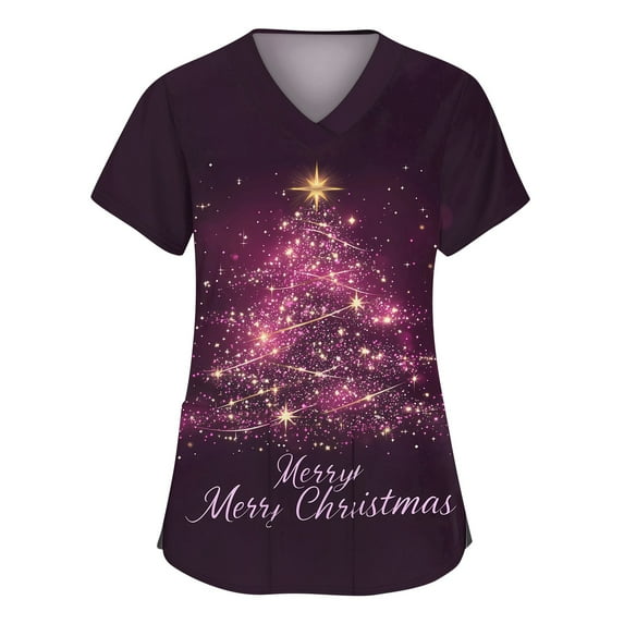 Royal Blue Scrubs, Halloween Print Scrubs Tops Medical Nursing Uniforms with Pockets Printed Scrub Soft Knit Nurse Uniform Shirts Short Sleeve V Neck Shirt 2025 for Women Purple Xl
