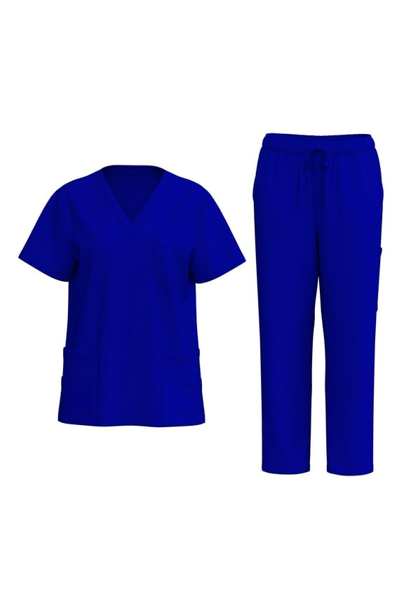 Royal Blue Scrubs Sets for Women, V-Neck Short Sleeve Scrub Tops & Wide Leg Pants, Cozy Fit Nursing Uniform with Multiple Pockets, Royal Blue L