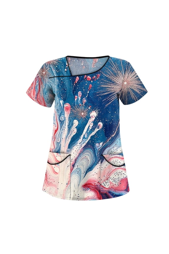 Royal Blue Scrubs For Women, Tops 4Th Of July Plus Size Skew Collar Short Sleeve Workwear With Double Layer Pockets Red White And American Flag Top Shirts Women Scrubs Tops (XL, Royal Blue) ZMTing