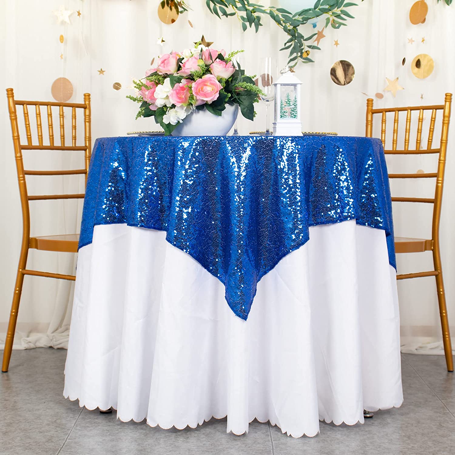 Royal Blue Sequin Tablecloth 50''x50'' Square Glitter Table Overlay