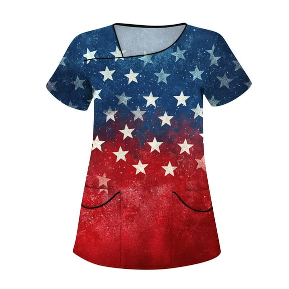 Royal Blue Shirt Women, 4Th Of July Scrub Tops Women Plus Size Skew Collar Short Sleeve Workwear With Double Layer Pockets Red White And American Flag Top Scrubs Shirts Tops (5XL, Wine) ZMTing