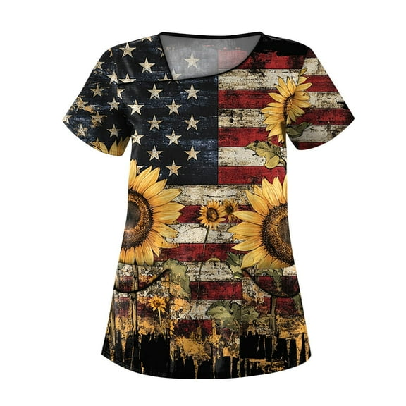 Royal Blue Shirt Women, 4Th Of July Scrub Tops Women Plus Size Skew Collar Short Sleeve Workwear With Pockets Red White And American Flag Top Women'S Scrubs Tank Tops Tank (L, Orange) ZMTing