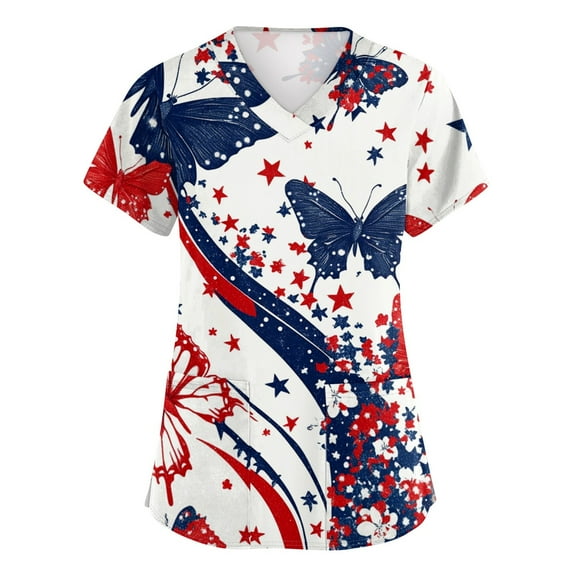 Royal Blue Shirt Women, 4Th Of July Scrub Tops Women Plus Size V Neck Short Sleeve Workwear With Pockets Red White And American Flag Top Bouffant Caps For Scrubs Outfits (XL, Watermelon Red) ZMTing