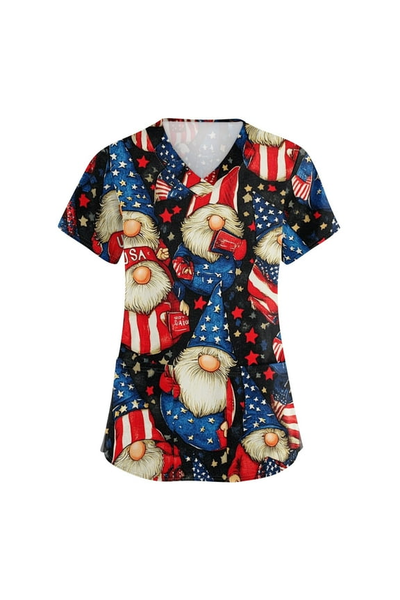 Royal Blue Shirt Women, 4Th Of July Scrub Tops Women Plus Size V Neck Short Sleeve Workwear With Pockets Red White And American Flag Top Jackets For Shirt Outfits Shirts (M, Black) ZMTing