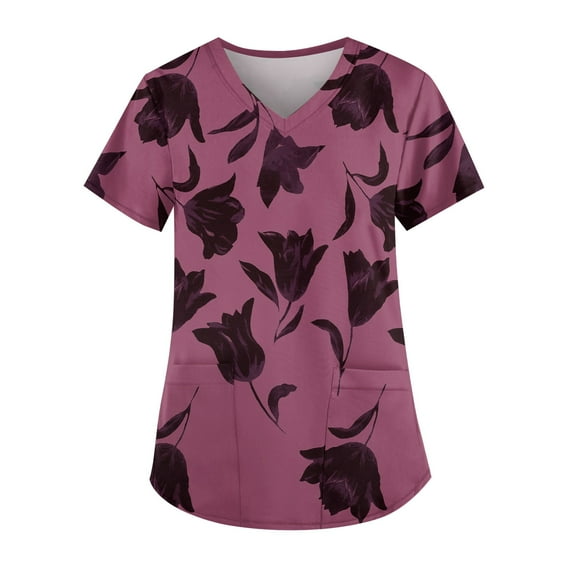Royal Blue Shirt Women, Plus Size Printed Scrub Working Uniform Tops V Neck Short Sleeve Tshirts Workwear Tee With Pockets Scrubs For Women Cargo Pants Fourth Outfit Tank (S, Hot Pink) ZMTing
