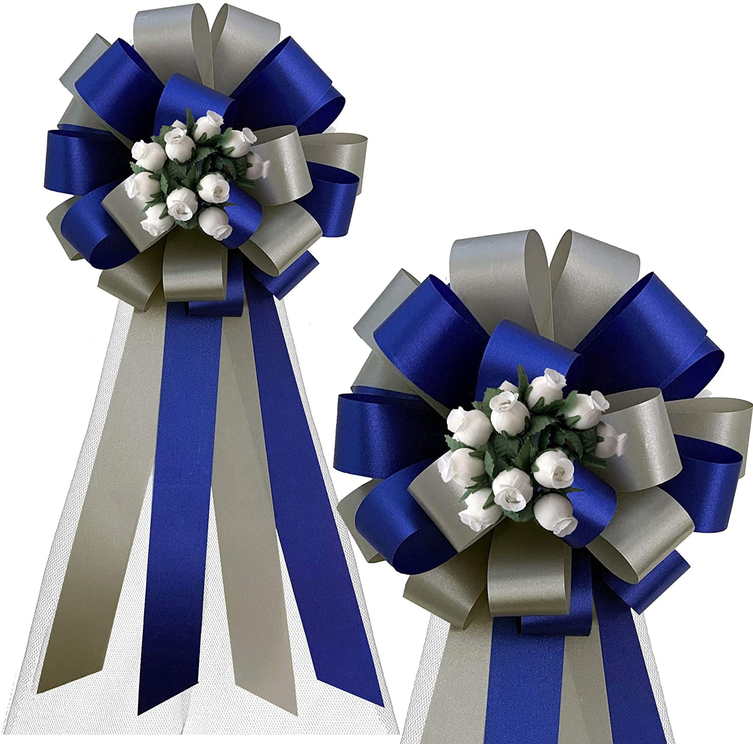 Royal Blue & Silver Pull Bows with Tulle Tails and Rosebuds - 8" Wide, Set of 6, Wedding, Christmas