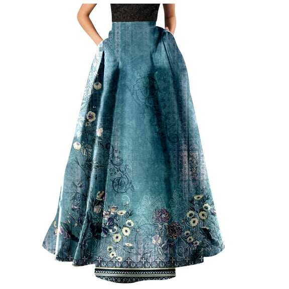 Royal Blue Skirt for Women Floral Maxi Long Loose Fit Beach Formal Prom Party Gowns Evening Happy Holiday Gift Vintage Hawaiian High Waisted Skort Womens Clothes Trendy XXL