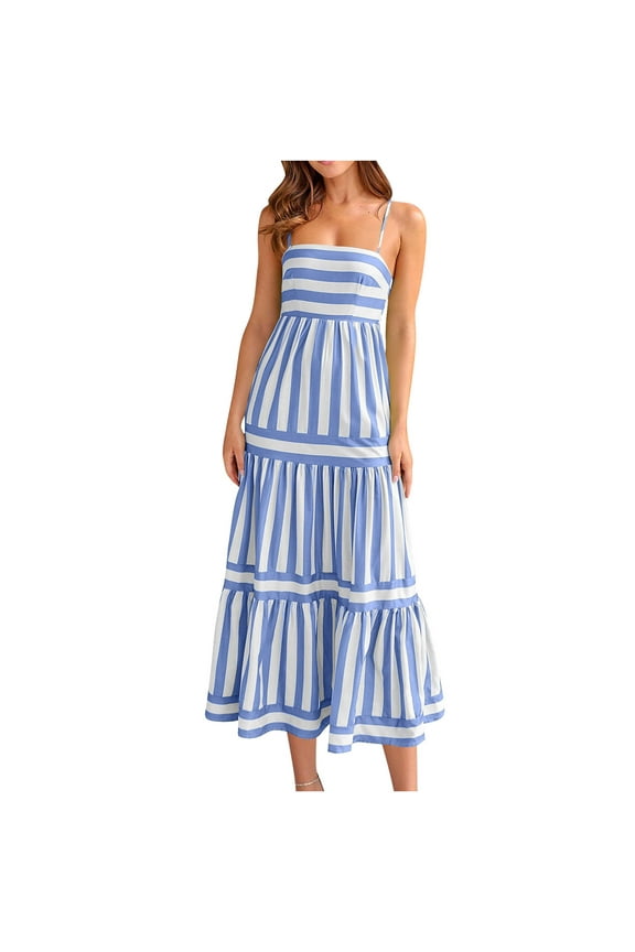 Royal Blue Sleeveless Slip for Women Summer Fall Square Neck Spandex Maxi Long Loose Fit Lounge Adjustable Striped Dresses Teen Girls Button Up 2025 Clothes Trendy XL