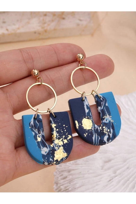 Royal Blue Soft Clay U-Shaped Dangle Earrings With Goldtone Hoop