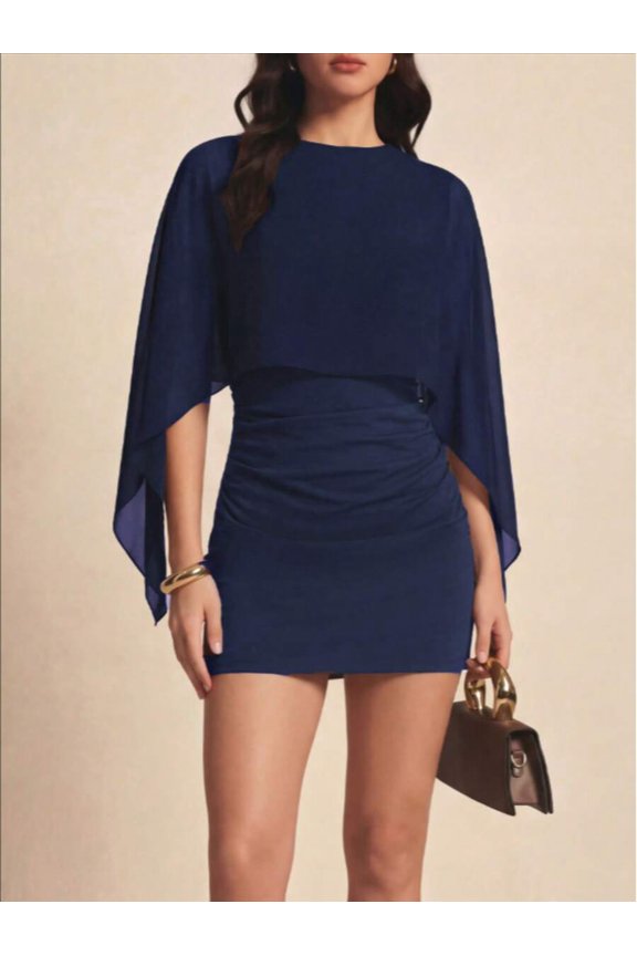 Royal Blue Solid Color Bat Sleeve Ruched Two-Piece Mini Dress For Evening, Date, Vacation And Daily Wear