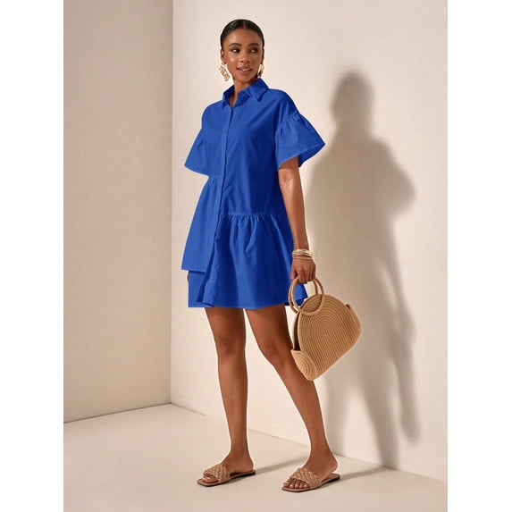 Royal Blue Solid Color Front Button Ruffle Hem Short Sleeve Vacation Dress