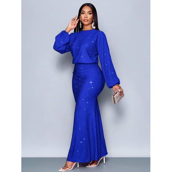 Royal Blue Sparkly Mermaid Hem Bodycon Maxi Dress For Evening Party Dating