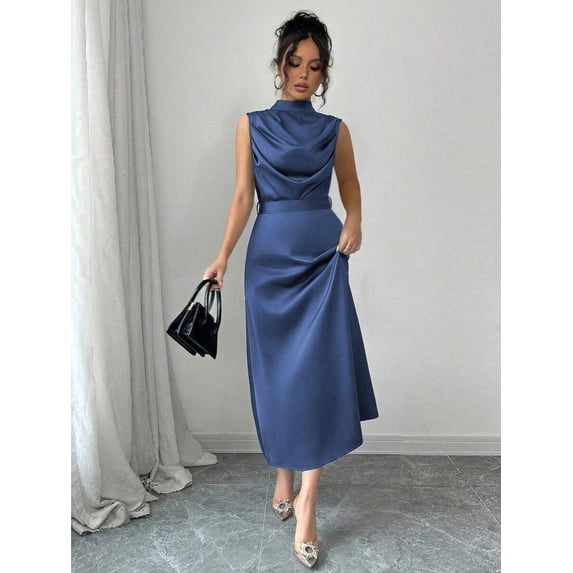 Royal Blue Stand Collar Sleeveless Pleated Waist Flared Midi Dress For Women