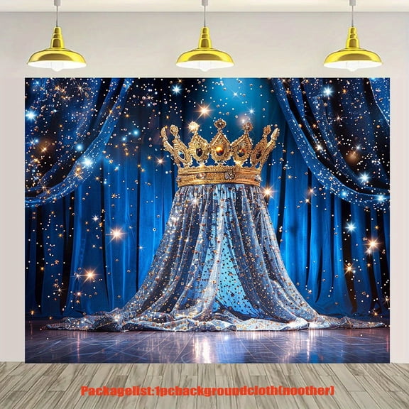 Royal Blue Theater Stage Backdrop Golden Crown Birthday Background Royal Blue Curtain Glitter Stars Birthday Party Decorations Banner Supplies Photo Booth Props
