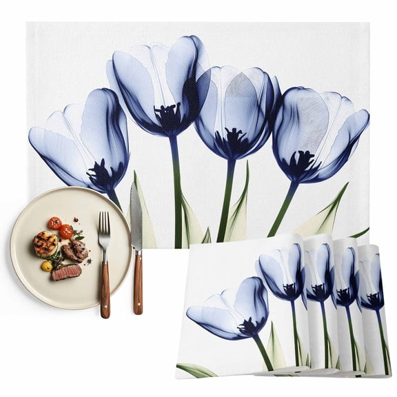 Royal Blue Tulip Floral Placemat of 1 PC, Watercolor Flowers Table Mats Washable Heat-Resistant Non-Slip Place Mats for Kitchen Dinner Table Indoor Outdoor Decor,13x19 Inch