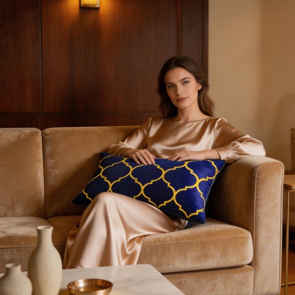Royal Blue Velvet Throw Pillow Cover 19.68 x 11.81in Gold Moroccan Trellis Pattern Double Sided Cushion Case with Envelope Closure No Insert for Sofa Bedroom