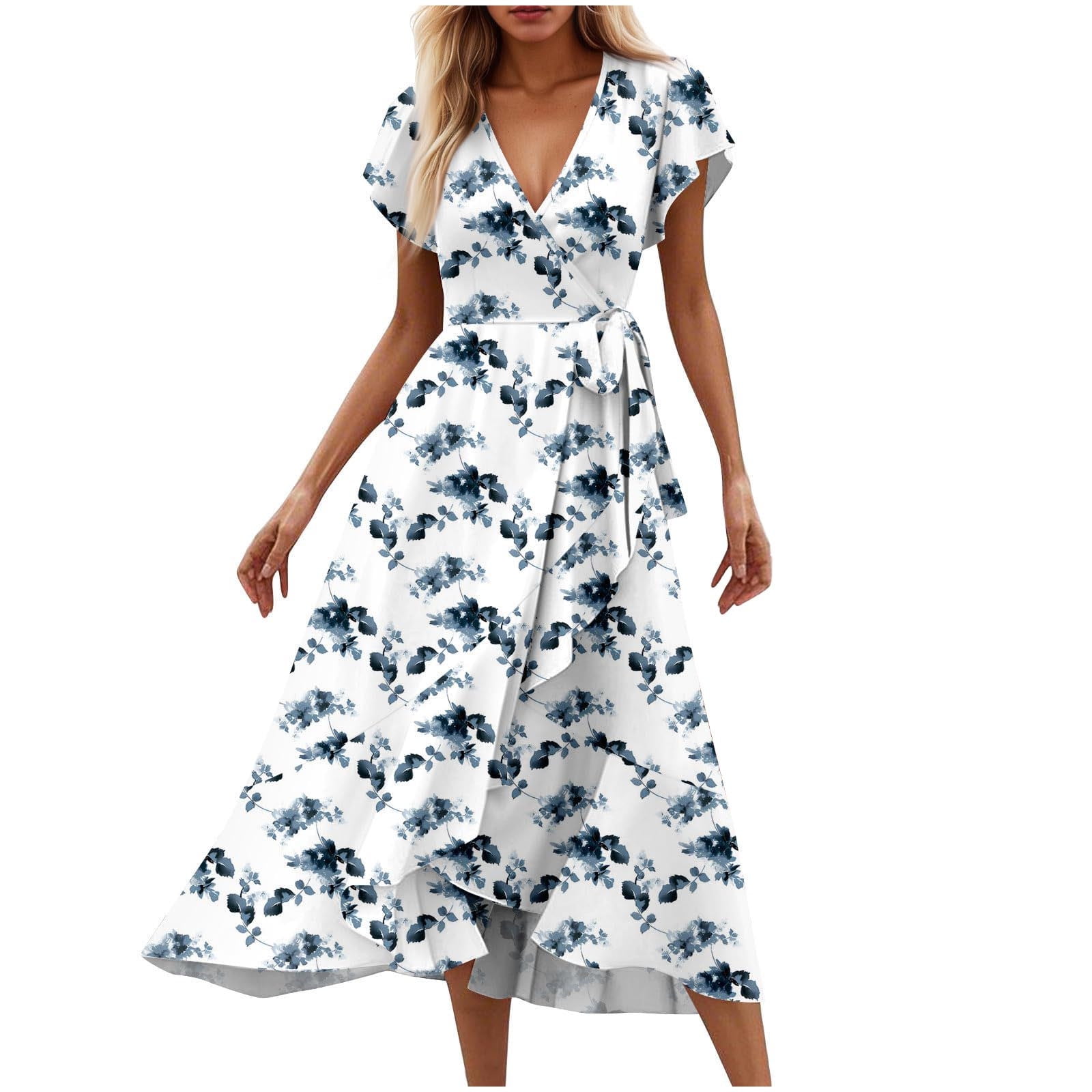 Women's Floral Embroidery Boho Dress - Short Sleeve V-Neck Cotton Linen Vintage Beach Dress - View #4
