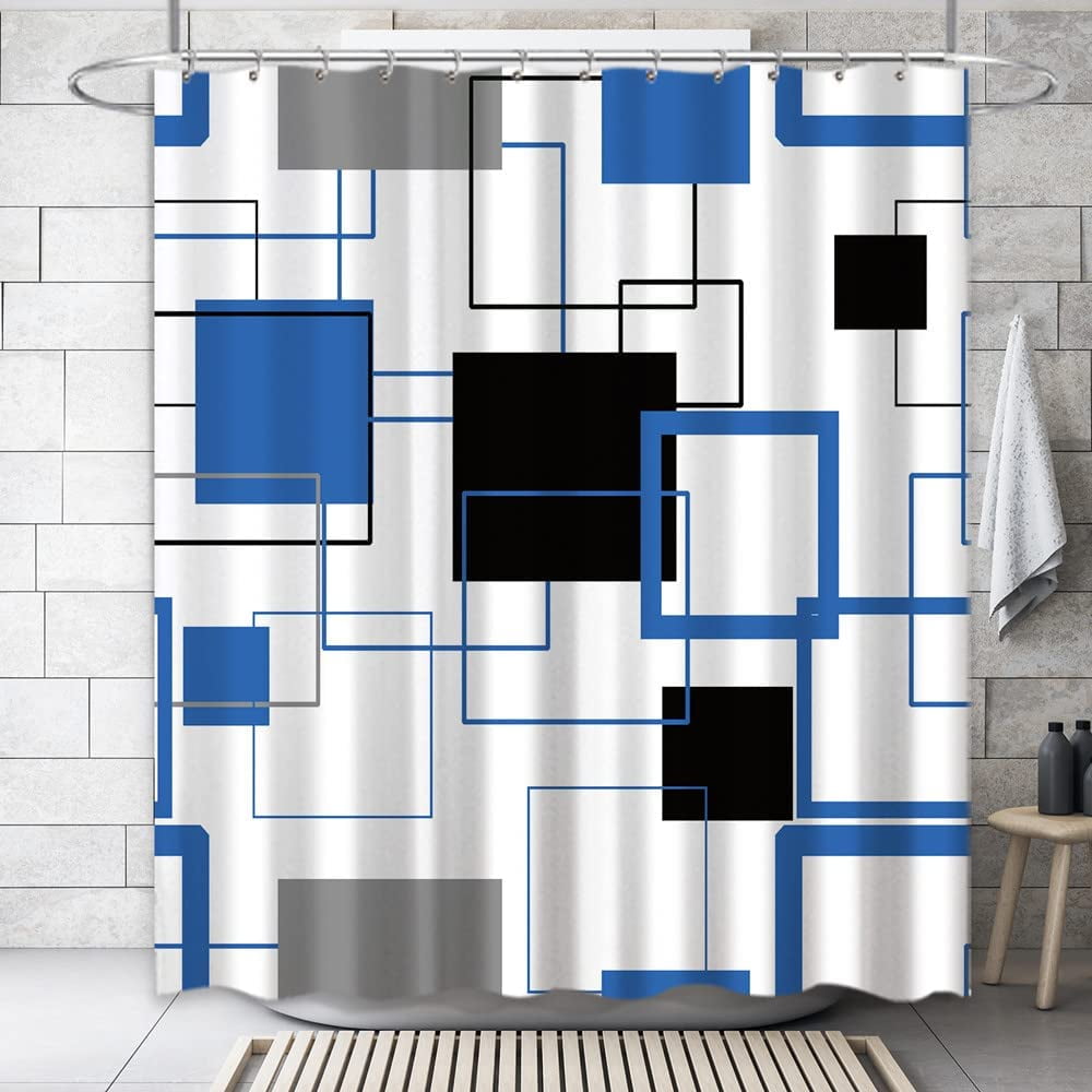 Royal Blue White Shower Curtain Abstract Black Grey Geometric Fabric Bath Curtain Mid Century