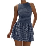 Royal Blue Women Boat Collared Neck Dresses for Teen Girls Sleeveless Long Plaid Fall Summer Dresses 2026 Clothing Trendy Country Concert Y2K M