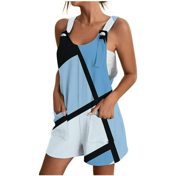 Royal Blue Women Coveralls Shortalls Color Block Loose Fit Coveralls Shortalls Shorts Romper for Women Faux Gauze Linen Lounge Thin Fall Summer Coveralls Shortalls 2025 S