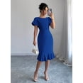 thumbnail image 1 of Royal Blue Women Solid Color Round Neck Petal Sleeve Ruffle Hem Midi Dress, 1 of 6