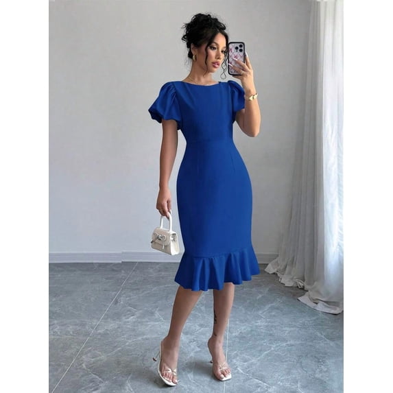 Royal Blue Women Solid Color Round Neck Petal Sleeve Ruffle Hem Midi Dress