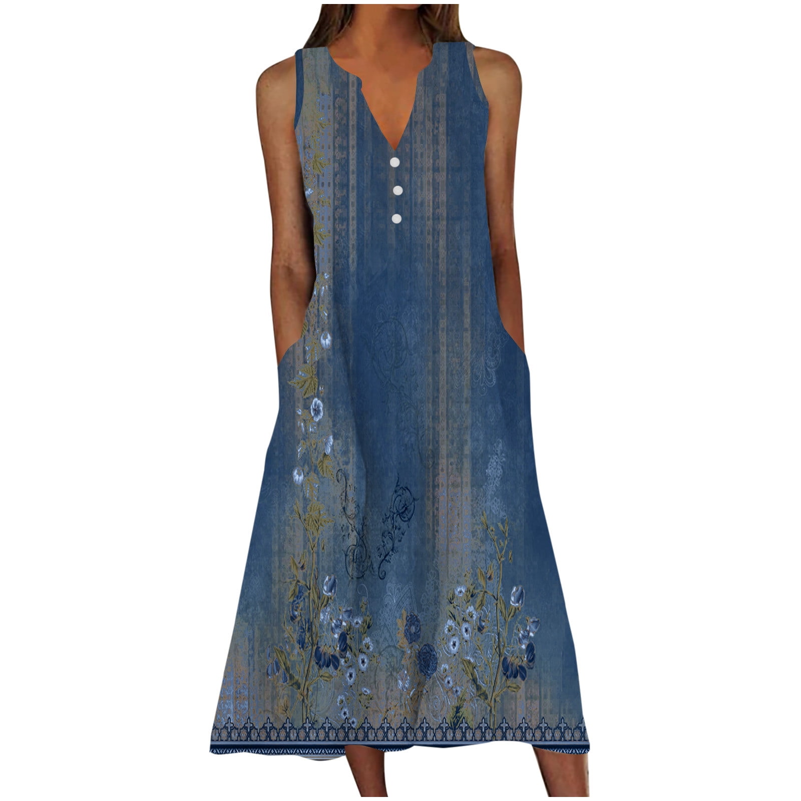 UOUA Women's Summer Maxi Dress - Plus Size Casual Sleeveless Hawaiian Sundress With Side Slit & Pockets - View #8