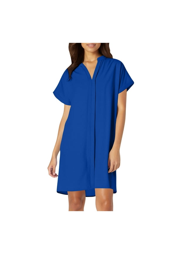 Royal Blue Womens Loose Fit Vneck Spandex Dresses for Ladies Short Sleeve Midi Knee High Basic Fall Summer 2025 Clothing Y2K XL