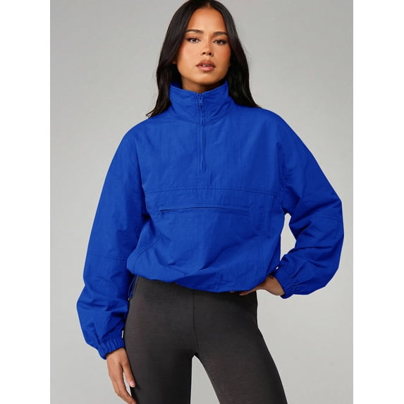 Royal Blue Womens Oversized Half-Zip Funnel Neck Windbreaker Jacket
