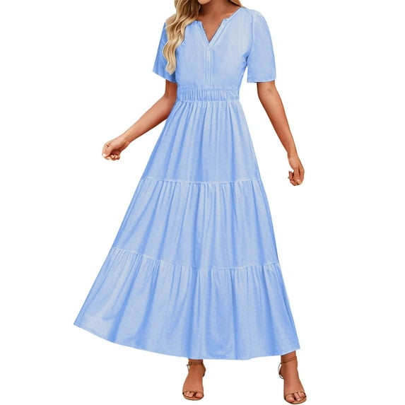 Royal Blue Womens Vneck Beach Dresses for Women Short Sleeve Print Sexy Boho Hawaiian Pleated Tropical Elastic Waist Plain Maxi Long Midi Fall Summer Dresses 2025 S