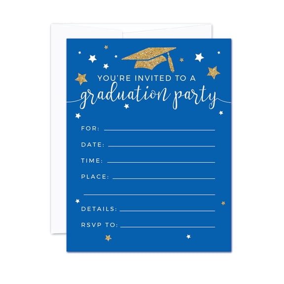 Koyal Wholesale Royal Blue and Gold Glitter Graduation Paper Invitations, Blank Cards with Envelopes, 20-Pack