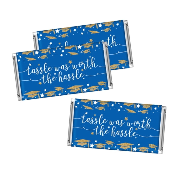 Royal Blue and Gold Glittering Graduation, Hershey Bar Labels, Congrats Grad, Tassle was Worth the Hassle, 10-pack