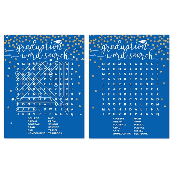 Royal Blue and Gold Glittering Graduation, Word Search Graduation Game Cards, 20-Pack