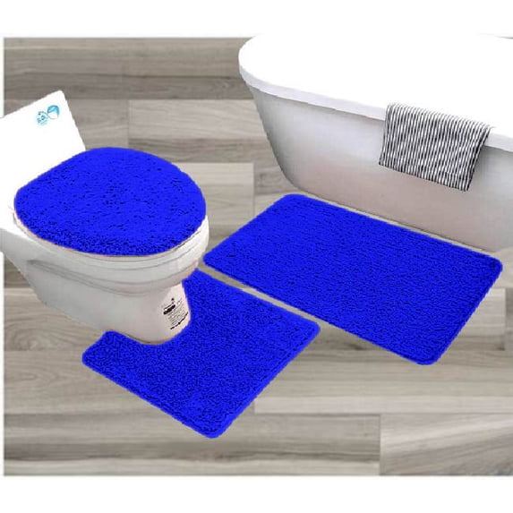 Royal Blue color BS#6 bathroom dcor mat rug 3pc Set, shaggy chenille plush large rug, Contour Mat and Toilet Lid Cover Non-Skid Rubber Backing