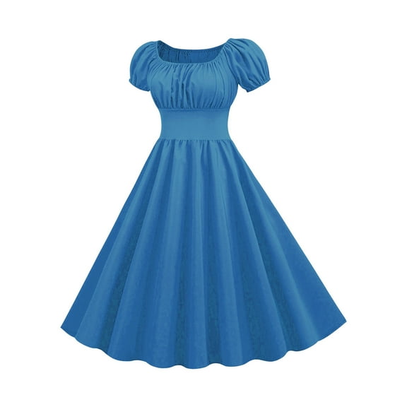 Royal Blue for Ladies Summer Fall Short Sleeve Square Neck Spandex Midi Knee Length Basic Dresses Womens 2025 Clothing Trendy L