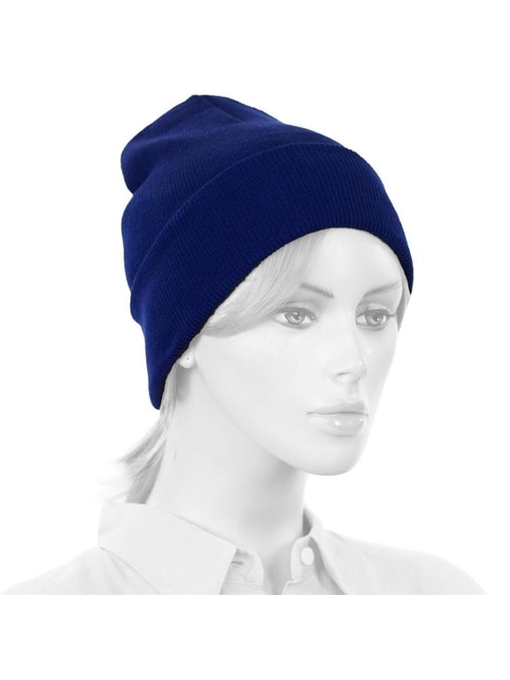 Blue plain blank long fold up beanie Hat Adult Size Soft 9" folded - New with box/tags