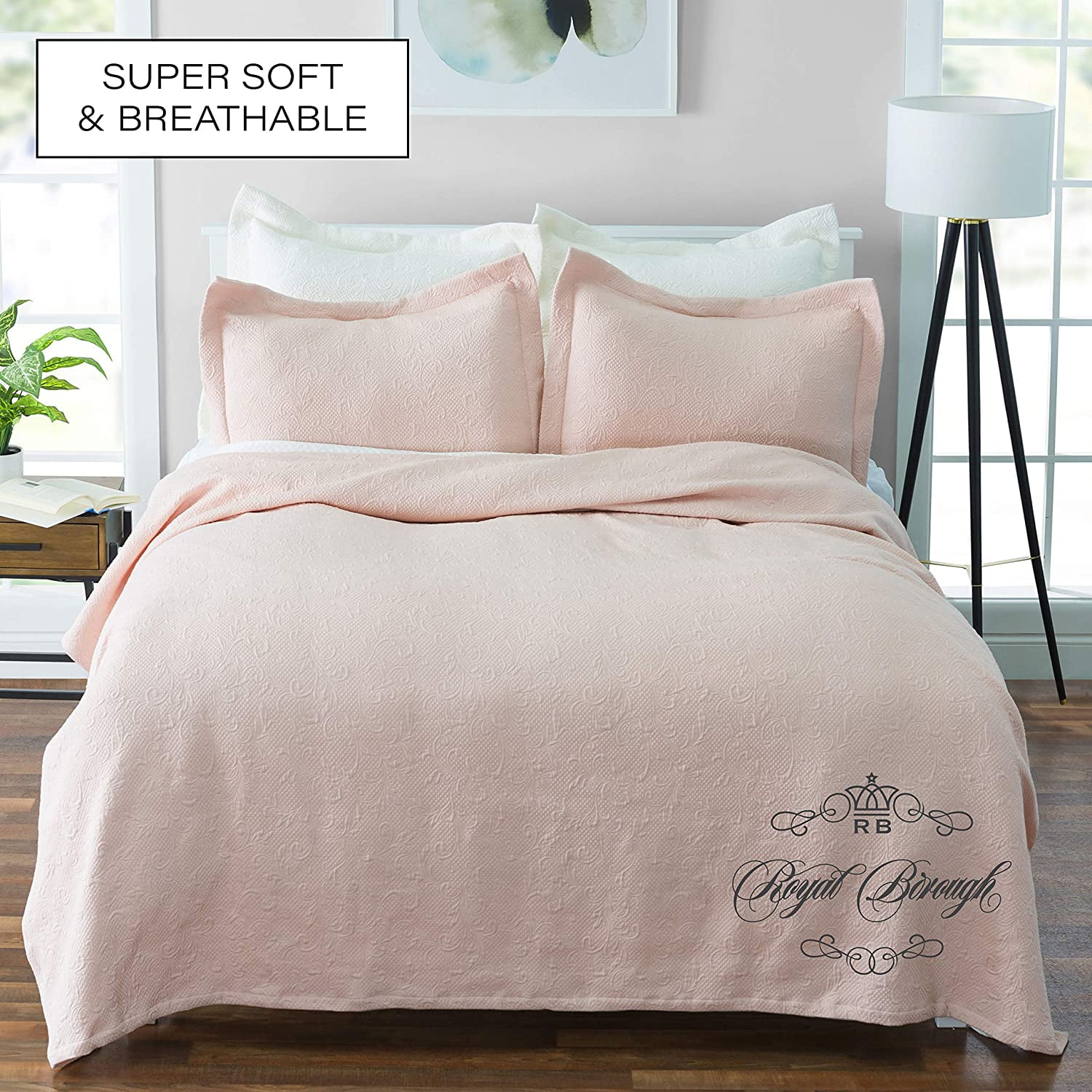 Royal Borough Luxuriously-Textured 100% Cotton Matelasse 3 Piece. Solid Color Coverlet Set with Shams (Blush, King)